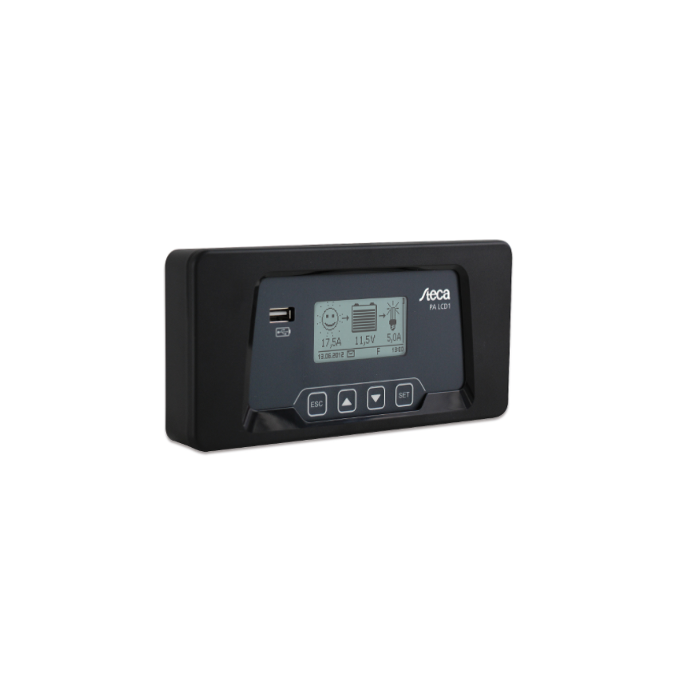 Descrizione Lo Steca PA LCD1 è un display grafico remoto per il regolatore di carica solare Steca Solarix 2020-x2. Tutte le informazioni di sistema sono mostrate a colpo d'occhio, con il flusso di energia visualizzato come un grafico, rendendolo intuitivamente comprensibile. Il display remoto è dotato di un datalogger completo con un display grafico, che consente il monitoraggio completo dell'intero sistema. Praticamente tutti i parametri del regolatore di carica possono essere impostati e modificati utilizzando il display remoto. Ciò consente di regolare la distribuzione della potenza di carica tra le due batterie. Per l'uscita del carico, tutte le funzioni automatiche di tempo e tensione della batteria sono completamente programmabili. È inoltre disponibile una presa di ricarica USB per smartphone e tablet. Caratteristiche Caratteristiche del prodotto Può essere utilizzato solo in combinazione con Steca Solarix 2020-x2 Installazione semplice Senza manutenzione Data logger integrato a tutti gli effetti Migliore affidabilità Quattro timer liberamente programmabili con funzione giorno della settimana Funzioni sera, luce notturna e luce diurna Manager del generatore Responsabile delle eccedenze Spegnimento automatico quando non viene utilizzato per più di una settimana Presa di ricarica USB per smartphone e tablet Displays Display LCD grafico multifunzione con retroilluminazione per parametri di funzionamento, tensione, corrente, messaggi di guasto operazione Funzionamento semplice guidato da menu Programmazione tramite quattro pulsanti interfacce StecaLink Bus certificati Conforme agli standard europei (CE) A norma RoHS Fatto in Germania Prodotto secondo ISO 9001 e ISO 14001 Descrizione Lo Steca PA LCD1 è un display grafico remoto per il regolatore di carica solare Steca Solarix 2020-x2. Tutte le informazioni di sistema sono mostrate a colpo d'occhio, con il flusso di energia visualizzato come un grafico, rendendolo intuitivamente comprensibile. Il display remoto è dotato di un datalogger completo con un display grafico, che consente il monitoraggio completo dell'intero sistema. Praticamente tutti i parametri del regolatore di carica possono essere impostati e modificati utilizzando il display remoto. Ciò consente di regolare la distribuzione della potenza di carica tra le due batterie. Per l'uscita del carico, tutte le funzioni automatiche di tempo e tensione della batteria sono completamente programmabili. È inoltre disponibile una presa di ricarica USB per smartphone e tablet. Caratteristiche Caratteristiche del prodotto Può essere utilizzato solo in combinazione con Steca Solarix 2020-x2 Installazione semplice Senza manutenzione Data logger integrato a tutti gli effetti Migliore affidabilità Quattro timer liberamente programmabili con funzione giorno della settimana Funzioni sera, luce notturna e luce diurna Manager del generatore Responsabile delle eccedenze Spegnimento automatico quando non viene utilizzato per più di una settimana Presa di ricarica USB per smartphone e tablet Displays Display LCD grafico multifunzione con retroilluminazione per parametri di funzionamento, tensione, corrente, messaggi di guasto operazione Funzionamento semplice guidato da menu Programmazione tramite quattro pulsanti interfacce StecaLink Bus certificati Conforme agli standard europei (CE) A norma RoHS Fatto in Germania Prodotto secondo ISO 9001 e ISO 14001