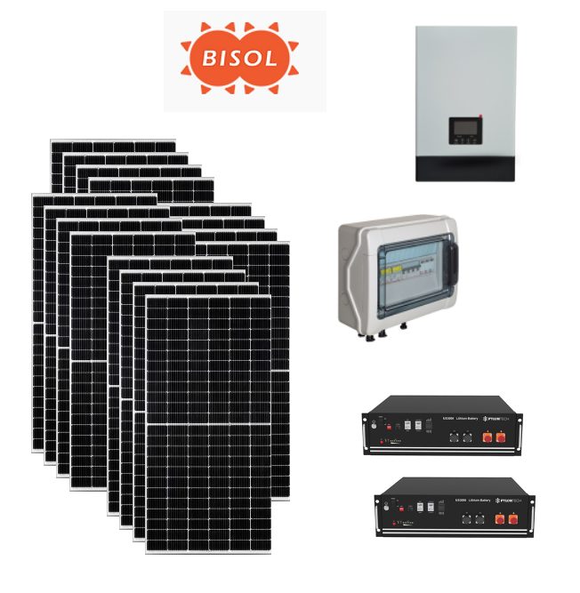 Kit Off grid autoconsumo 6Kwp Pannello Solare BISOL 380Wp Monocristallino Inverter 5Kwh regolatore 2 ingressi + Batteria litio 100Ah 10Kwh Kit Off grid autoconsumo 6Kwp Pannello Solare BISOL 380Wp Monocristallino Inverter 5Kwh regolatore 2 ingressi + Batteria litio 100Ah 10Kwh
