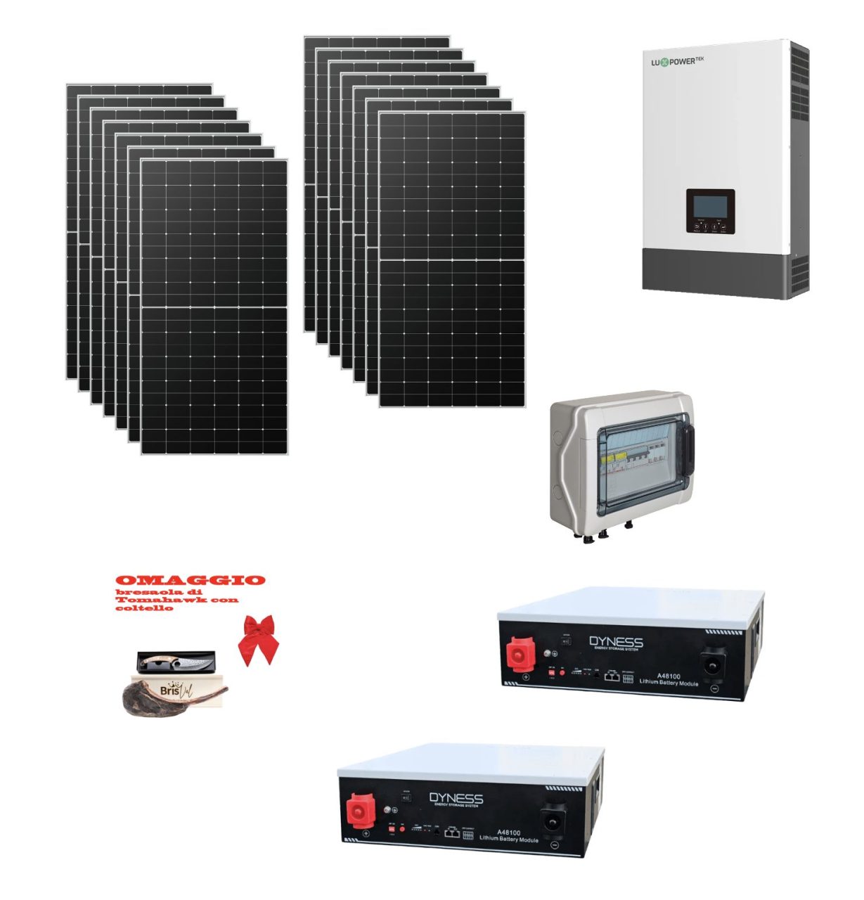 Kit Off grid autoconsumo 8,1Kwp Pannello Solare LONGI 585Wp Monocristallino Inverter Luxpower 6Kwh con regolatore 8Kwp + Batteria litio Dyness 10Kwh + omaggio Bresaola Tomahawk Kit Off grid autoconsumo 8,1Kwp Pannello Solare LONGI 585Wp Monocristallino Inverter Luxpower 6Kwh con regolatore 8Kwp + Batteria litio Dyness 10Kwh + omaggio Bresaola Tomahawk