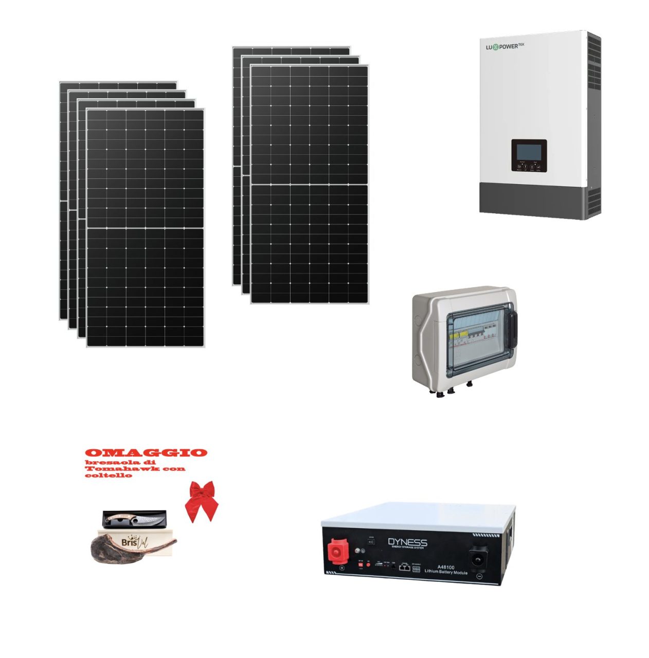 Kit Off grid autoconsumo 3Kwp Pannello Solare Tongwei 445Wp Monocristallino Inverter Luxpower 6Kwh con regolatore 8Kwp + Batteria litio Dyness 5Kwh + omaggio Bresaola Tomahawk Kit Off grid autoconsumo 3Kwp Pannello Solare Tongwei 445Wp Monocristallino Inverter Luxpower 6Kwh con regolatore 8Kwp + Batteria litio Dyness 5Kwh + omaggio Bresaola Tomahawk